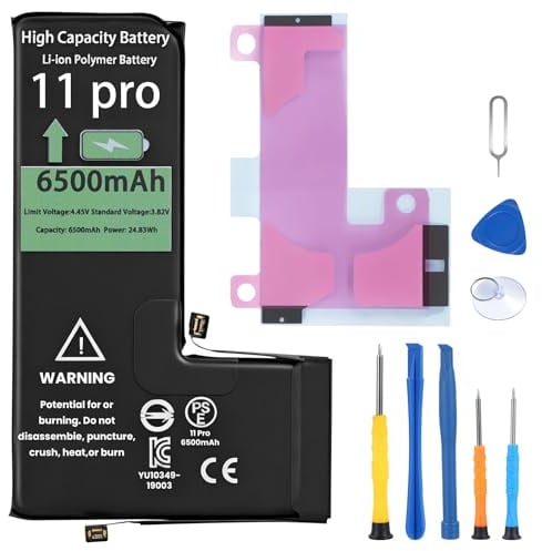 Replacement iPhone 11 Pro Battery for All-Day Heavy Usage, 6500mAh High Capacity 0 Cycle Lithium Polymer with Repair Tools for DIY Users (A2160/A2215/A2217)