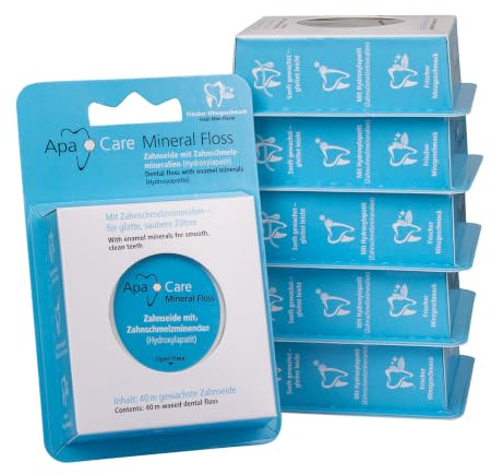 ApaCare Mineral Floss Zahnseide mit flüssigem Zahnschmelz 6x 40 m | Innovative Zahnseide mit flüssigem Zahnschmelz für saubere Zahnzwischenräume, gesundes Zahnfleisch und Implantatpflege.