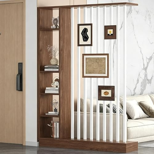 JIAOCKJIAO Raumtrenner mit Lagerregalen, Trennwand for den Eingangsbereich, Paravent Raumteiler Innen Vom Boden Bis Zur Decke, Holz Lamellen Säulen for Teehaus/Café(Brown,47.2in/120cm)
