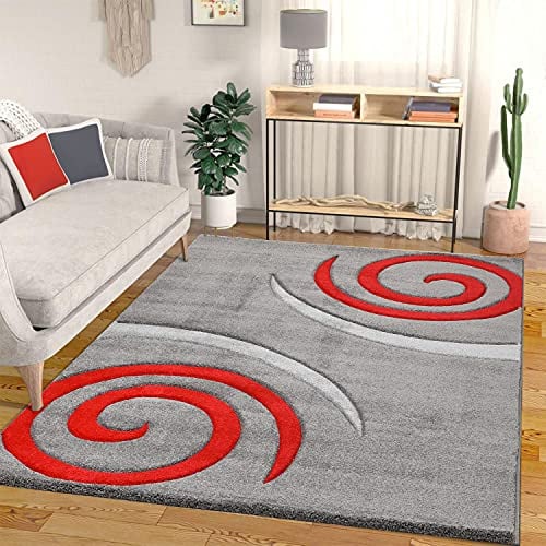 VIMODA Teppich Kurzflor Spiral Zeichnung dicht gewebt dick und weiche Oberfläche Grau Rot Konturenschnitt aus Hand für Wohnzimmer, Schlafzimmer, küche, Maße:120x170 cm