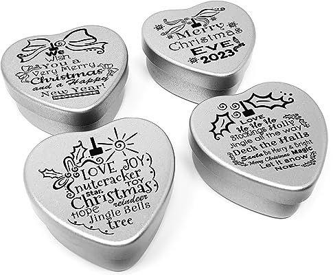 Gift In Can Gift Set of 4 chocolate filled mini heart shaped tins in a small box for Christmas Eve 2024 Xmas celebrations Secret Santa gifts Decorative Words