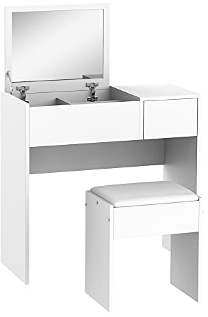 HOMCOM Dressing Table with Flip-Up Mirror and Cushioned Stool, Makeup Vanity Desk with Hidden Compartments and Storage Drawer, Convertible Writing Table for Bedroom, White