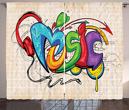 ABAKUHAUS Retro Rustikaler Vorhang, Musik Graffiti Hip Hop, Wohnzimmer Universalband Gardinen mit Schlaufen und Haken, 280 x 175 cm, Grün Aqua