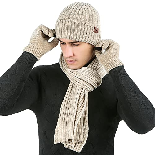 LumiSyne Winter 3 In 1 Mütze Schal Handschuh Sets Für Herren Damen Exquisite Jacquard Einfarbig Schal Beanie Strickmütze Touchscreen Handschuhe Fortschrittlicher Weicher Chenille Stoff