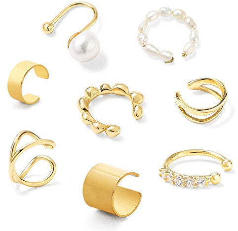 8 Pcs Cartilage Ear Cuff for Women, ALBOYI Pearl Gold Clip Earrings Non Pierced Ear Hoop Cuff Ear Wraps Earring Hoop Set Jewelry Best Gifts