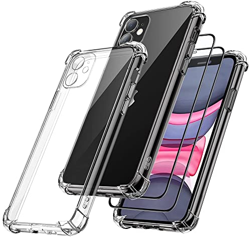 Coque pour Iphone 11 6.1 Pounces avec 2 Pièces Verre Trempé Protection écran,Coque Iphone11 Housse Etui de Protection Transparent, Souple TPU Shock-Absorption Case Cover pour Iphone 11 6.1”2019
