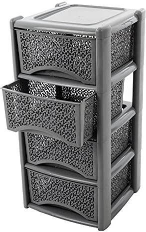 Easy Shopping® Large 4 Plastic Drawers Tower Unit Trolley Chest Drawer School Office Home Exclusive Patterned 4 Drawer Tower (Grey)