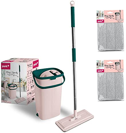 York Flachmopp Handy mit Stiel und Eimer | aus Mikrofaser | saugfähig | für Bodenreinigung | ohne Wasserflecke | Rosa-grün | 2 Extra-Kartuschen | Eimer Kapazität: 6 Liter | Länge des Griffs: 120 cm…