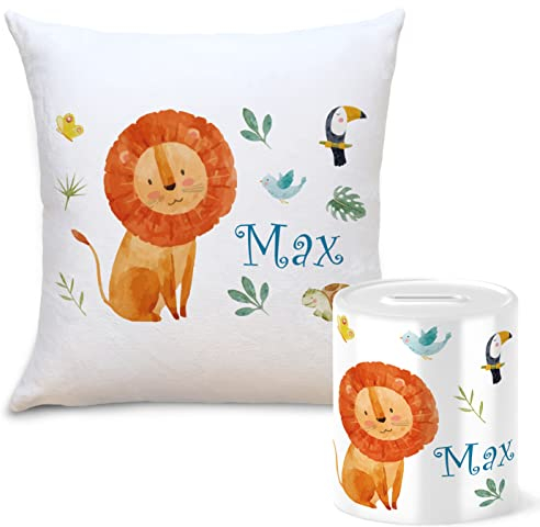 OWLBOOK Safari Löwe Geschenkset Kinder Spardose und Kissen Personalisiert mit Namen Geschenke Geschenkideen für Kinder Baby Junge Mädchen zum GeburtstagWeihnachten Einschulung Taufe Geburt