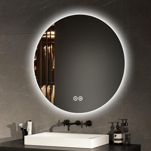 EMKE Specchio Bagno Rotondo con Luce 70 cm, Specchio Bagno LED con Interruttore Tattile Luce Bianca Fredda 6500K / Luce Calda 3000K / Luce Neutra 4000K (Tipo 2)