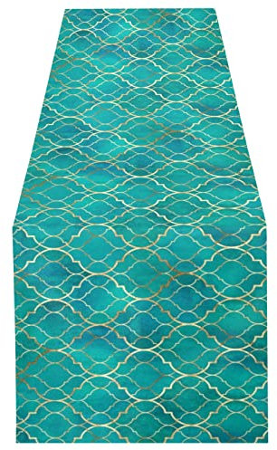 Seamless Green Teal Moroccan Tiles with Golden Gold Geometric 14 X 108 Rectangle Table Runner Long Tablecloth Placemat for Party Home Decor Indoor Outdoor Office Kitchen Dining Wedding