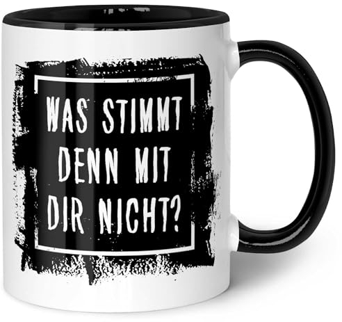 GRAVURZEILE Bedruckte Tasse mit Spruch - Was stimmt denn mit Dir nicht? - Spülmaschinenfest - Geschenke für Freunde & Kollegen - Geschenk für Büro & Alltag - Farbe: Schwarz & Weiß