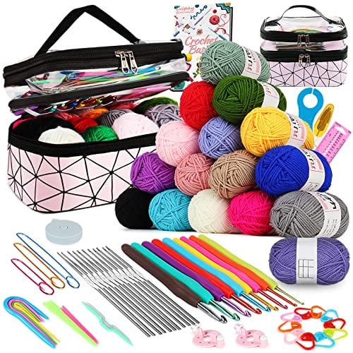 Coopay Häkelset für Anfänger, 71 Stück Häkelnadel Set mit Tasche und Wolle, Prämie Häkel Set mit Strickzubehör und Garn, 0,6-6,0 mm Häkelnadeln Set, Komplette Anfänger Häkelnadelsets Geschenke, Rosa