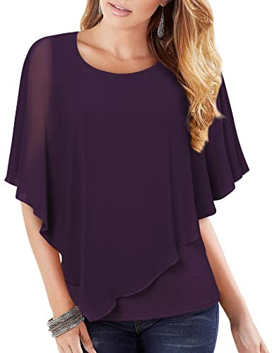 Vafoly Damen Chiffon Lose Fledermaus Bluse mit Kurzen Flatter ärmel Leichte Fließende Bluse Rundhalsausschnitt Doppellagige Poncho Tuniken Dunkelviolett XXL