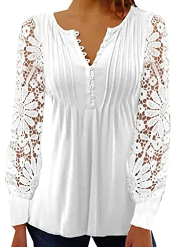 Damen FrüHling Spitze Feste Farbe Langarm Button Down V-Ausschnitt Slim Fit Kurzes T-Shirt Top