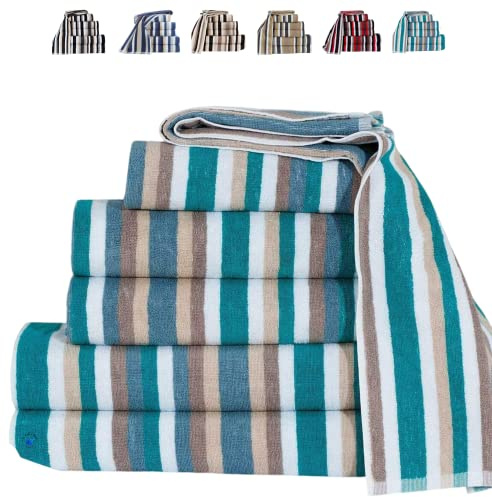 TheWhiteWater – 9-Piece 100% Natural Cotton Towel Bale Set – Teal Striped Hand Towels, Bath Towels & Bath Sheets – Soft, Quick Dry, 550 GSM, 6 Thread Combed Cotton – Bathroom, Gym, Beach Use