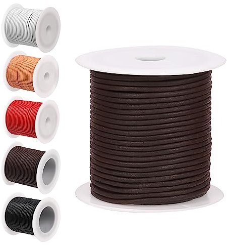 Glarks Cordón redondo de cuero de 11 yardas x 2 mm, cuerda de cuero suave y lisa para joyería, para collares, pulseras, envoltura, manualidades de cuentas y reemplazo de cordones (marrón oscuro)
