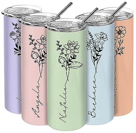 Regali di compleanno per donne, bicchieri personalizzati con fiore di nascita e nome, 10 colori, 590 ml, bicchieri skinny da donna