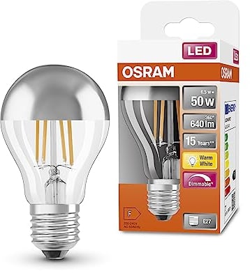 OSRAM LED Superstar Classic A50 Dimmerabile E27, Forma Pera, Argento Specchiato, 640 lm, Bianco Caldo 2700K, Sostituzione Lampadine 50W, 6 Pezzi