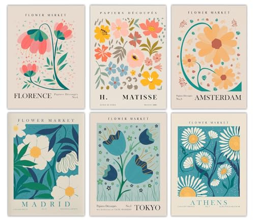 LOZULO Bunt Blumen Leinwand Bilder Matisse Poster Set,A4 | Modern Wandbilder Deko Wohnzimmer Schlafzimmer Wanddeko Pictures Aesthetic Room Decor Posters Bilderset,Ohne Rahmen
