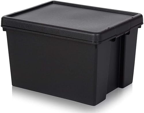 JMS we create smile 1 x 45 Litre Black Bam Recycled Heavy Duty Plastic Storage Box with Secure Lid Stackable/Nestable Storage Containers For Home & Office Storage Solution (45 Litre)