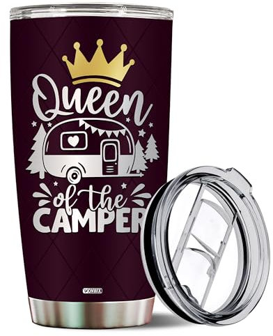 WONWIX Queen of the Camper Trinkbecher, Camping-Geschenke für Camper, Frauen, Mutter, Kaffeetasse mit Deckel, 590 ml, Edelstahl-Thermosbecher, Reisebecher, Wasserflasche, Ehefrau Geschenk