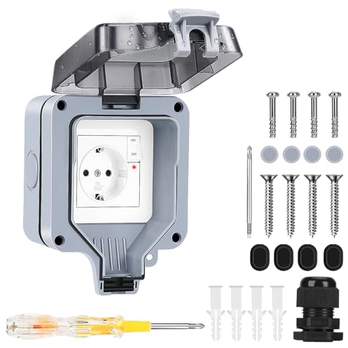 WOFKNIF 1-Fach Außensteckdose IP66 Wasserdicht Steckdose mit Schalter Kontrollleuchte,Wand Feuchtraum Aufputz Schutzkontakt Gartensteckdose Staubdicht Wetterfest Outdoor Steckdose