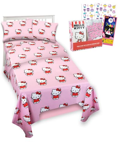Hello Kitty Bettwäsche-Set für Doppelbett – Bündel Bettlaken mit Bettlaken, Spannbetttuch und Kissenbezug für Doppelbett Plus Tattoos, mehr Bettlaken für Kleinkinder