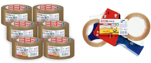 tesapack Ultra Strong im 6er Pack - PVC-Klebebänder für festes Verpacken und sicheres Bündeln & Paketband-Abroller und tesapack Paketbänder im Set