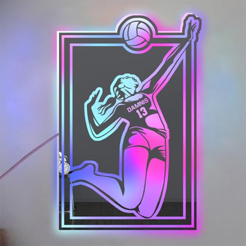 ASD Jewerly Personalisierte Volleyball Spieler LED Spiegel Licht Zeichen, benutzerdefinierte Name für Zahl Volleyball Wand Kunst Neon Licht, Weihnachten Geburtstag Volleyball Kinder Geschenk