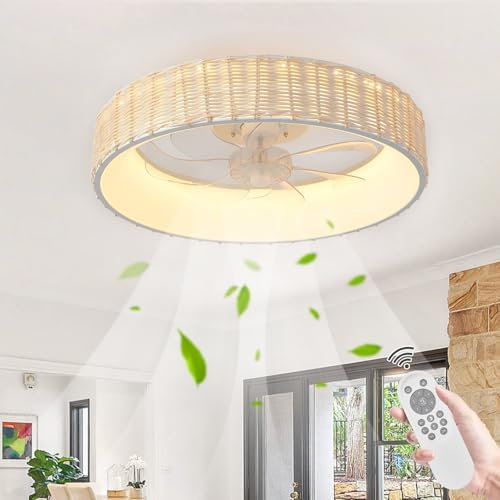 AQLEDY Vintage Boho Style Rattan Woven Quiet Ceiling Fan with LED Lights, 3 Light Colors & 6 Speeds, Remote Control, 19.7 L x 19.7 W x 6.7 H, White, Living Room