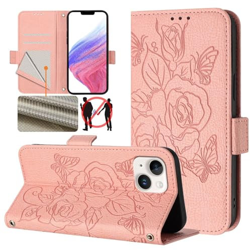 Skyhewen for iPhone 13 Case, iPhone 14 Case, RFID Blocking Flip Wallet Case with Card Slots Kickstand Magnetic Clasp Case, Shockproof PU Leather Embossed Flowers with Hand Strip for Women Girls, Pink