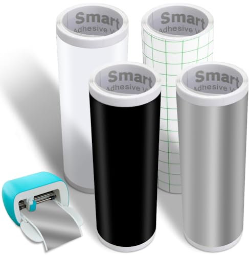 4 rollos de vinilo permanente para Cricut Joy, 14 x 200 cm, vinilo adhesivo inteligente, color negro, blanco y plateado, para manualidades, tazas, coches, pancartas, decoración