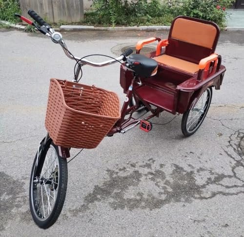 Rikscha-Dreirad für Senioren mit großer Kabine, 20-Zoll-Lastendreirad mit doppeltem Verwendungszweck, Tandem-Dreirad mit Doppelsitz, 3-rädriges Dreirad mit stoßdämpfender Gabel (Weinrot, 20 Zoll)