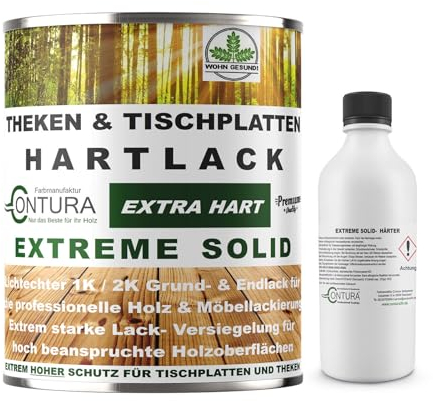 Contura Hartlack 2K Lack Thekenlack Seidenglänzend Tischplattenlack Theken Holzlack Klarlack Set mit Härter Contura Zweikomponenten Lack farblos (Transparent, 2,5 Liter)