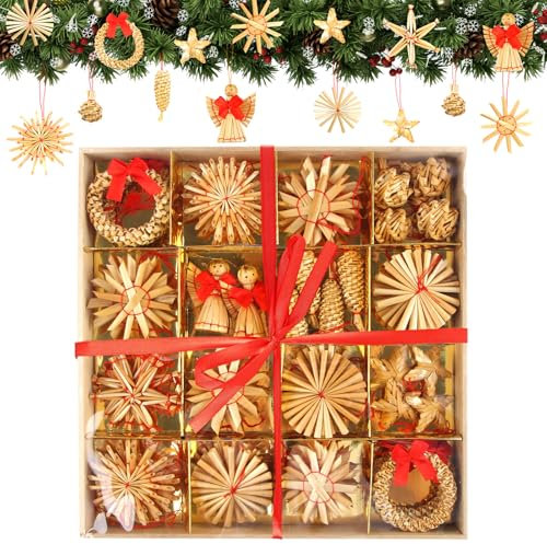 56 Teiliges Strohsterne Set, CIYIN Christbaumschmuck Stroh Deko, Strohsterne Weihnachtsbaumschmuck, Natur Stroh Baumbehang,Sterne,Glocken,Tannen,und traditionelle Figuren als Christbaum Schmuck