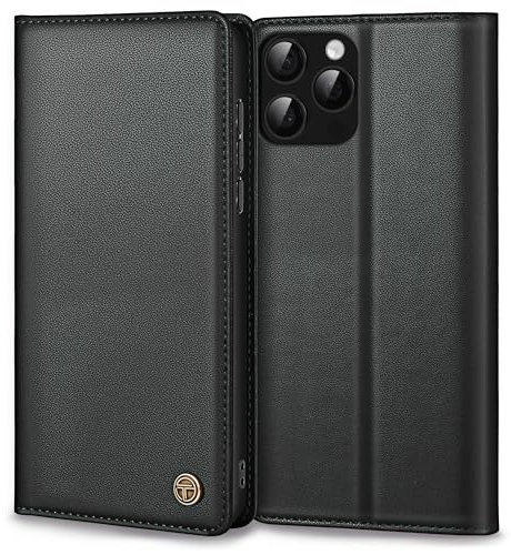 Premium Lederhülle für iPhone 16 Pro - Schutzhülle Tasche Mit Kartenfach, Standfunktion, Klappbar Flip Case, Schwarz