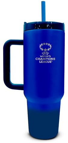UEFA Botella térmica de la Liga de Campeones para mujer, de 1.13 L, con licencia oficial de la UWCL, con popote y asa integrados, taza de viaje aislada de doble pared, acero inoxidable, sin BPA