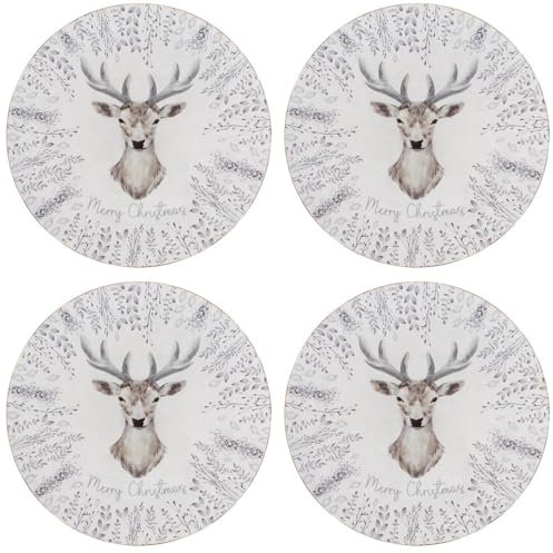 YöL Set Of 4 Christmas Charger Plates White And Grey Stag Design Xmas Lunch Dinner Table Decoration Reusable