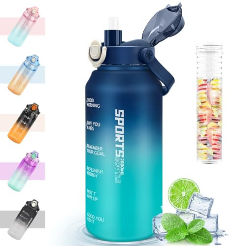 MOMSIV Trinkflasche 2L, 2 Liter Große Sport Wasserflasche mit Strohhalm und Früchtebehälter und Zeitmarkierungen, Auslaufsicher BPA-Frei Sportflasche für Fitness, Camping, Outdoor, Yoga, Blau Grün