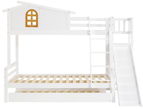 Moimhear Litera con ventanas y escaleras de 4 niveles, 90 x 200 cm y 120 x 200 cm, cama de madre con tobogán, marco de madera maciza (litera + 1 cama arrastrable)