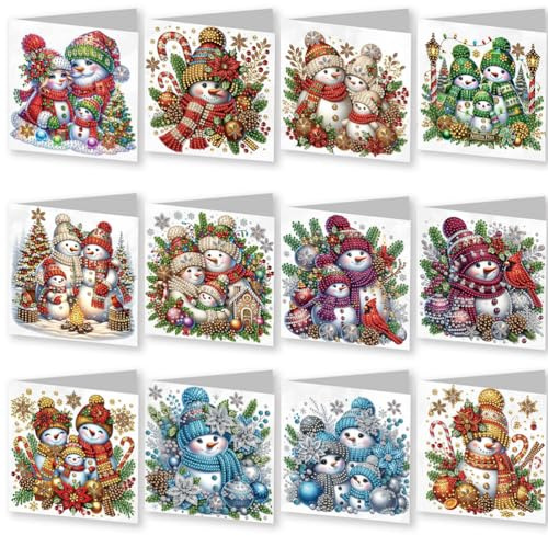 Meecaa Snowman Family 12pcs Handmade 5D Diamond Painting Christmas Greeting Cards for Adults, DIY Diamond Art Postcards for Friends Family Lover Gift (15CMx30CM) (Snowman)