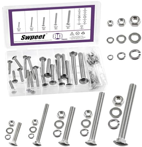 Swpeet Kit assortito di bulloni a testa quadrata a testa tonda in acciaio inox 304, 80 pezzi, 5 misure M6 × 30, M6 × 55, M8 × 70, M10 × 80 304, viti assortite, dadi e rondelle