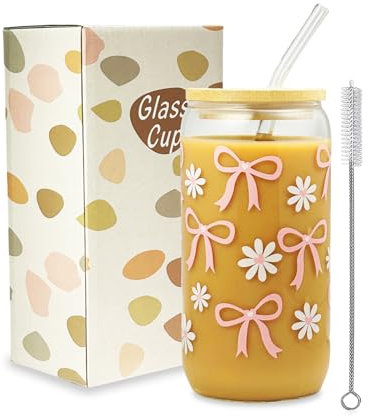 JEKUGOT Bow Glass Cup, Bow Iced Coffee Glass Cups with Lids and Straws, 16 oz Bow Mug Aesthetic Cups, Pink Cute Glass Cups for Girls, for Women, Friends