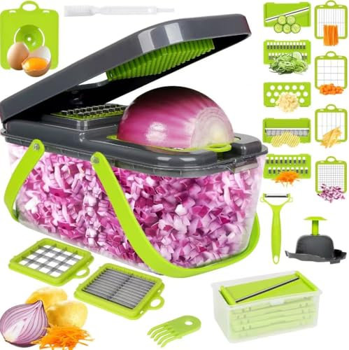 FoiiLiio 20 In 1 Gemüseschneider, Tragbar Gemüse Schneider, Mandoline Gemüsehobel, Zwiebelschneider, mit 12 Austauschbare Klingen Vegetable Chopper Dicer für Hobeln Von Obst, Karotte, Kartoffel - Gray