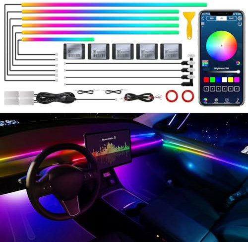 Dreamcolor Interior LED Strip Light with Wireless APP - RGB 14 in 1 with 175 inches 593 Neon Car Ambient Lighting Kits, Dynamic Chasing Music Sync LEDs Fiber Optic Strip Lights