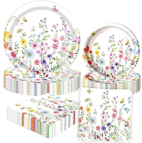 BACH AND BOOZY 52pcs fleur party vaisselle kit fleur assiette anniversaire vaisselles anniversaire assiette dîner papier tasse serviette réutilisable couverts party fête decoration