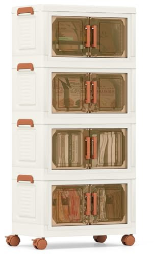 COSTWAY Boite Rangement Plastique 76 L, 4 Caisses Rangement Pliables à Roulette, Poignée, Porte Magnétique, Boite Empilable, Rangement Vetement, Livres, Jouets (76 L)