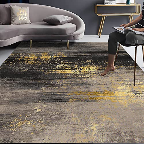 Yaaxinb Wohnzimmer Teppich Kurzflor Modern rutschfest Waschbarer Wohnzimmerteppich Schlafzimmer Esszimmer Teppich abstraktes schwarzes Gold 200 x 300 cm