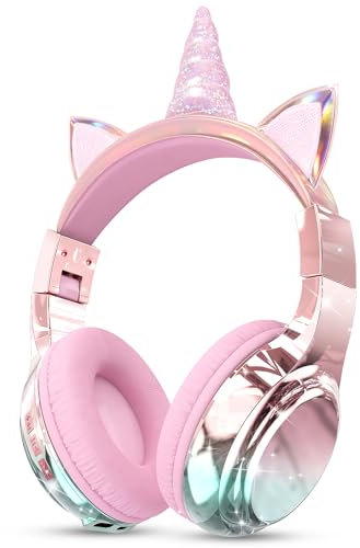 JYPS Kids Headphones Wireless, Cute Metallic Look, Bluetooth 5.3, Safe Volume 75/85/94dBA, 60H Play Time, Stereo Sound, Type-C Over Ear Toddler Headphones for Kids iPad/Kindle/Tablet (unicorn, pink)
